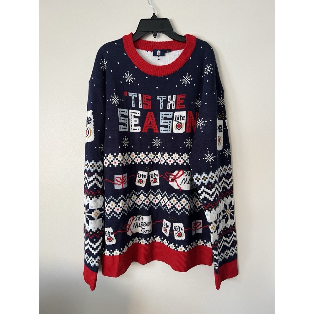 Miller Lite Ugly Christmas Sweater Mens XL Blue Tis The Season Beer Pullover